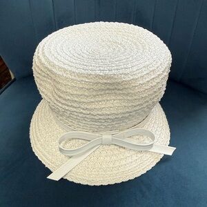 Vintage Union Made White Straw Hat Bow Detail Size M Summer Boater